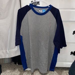 XL Men’s Phys. Six. Grey Blue and Navy Tee. Small oil stain